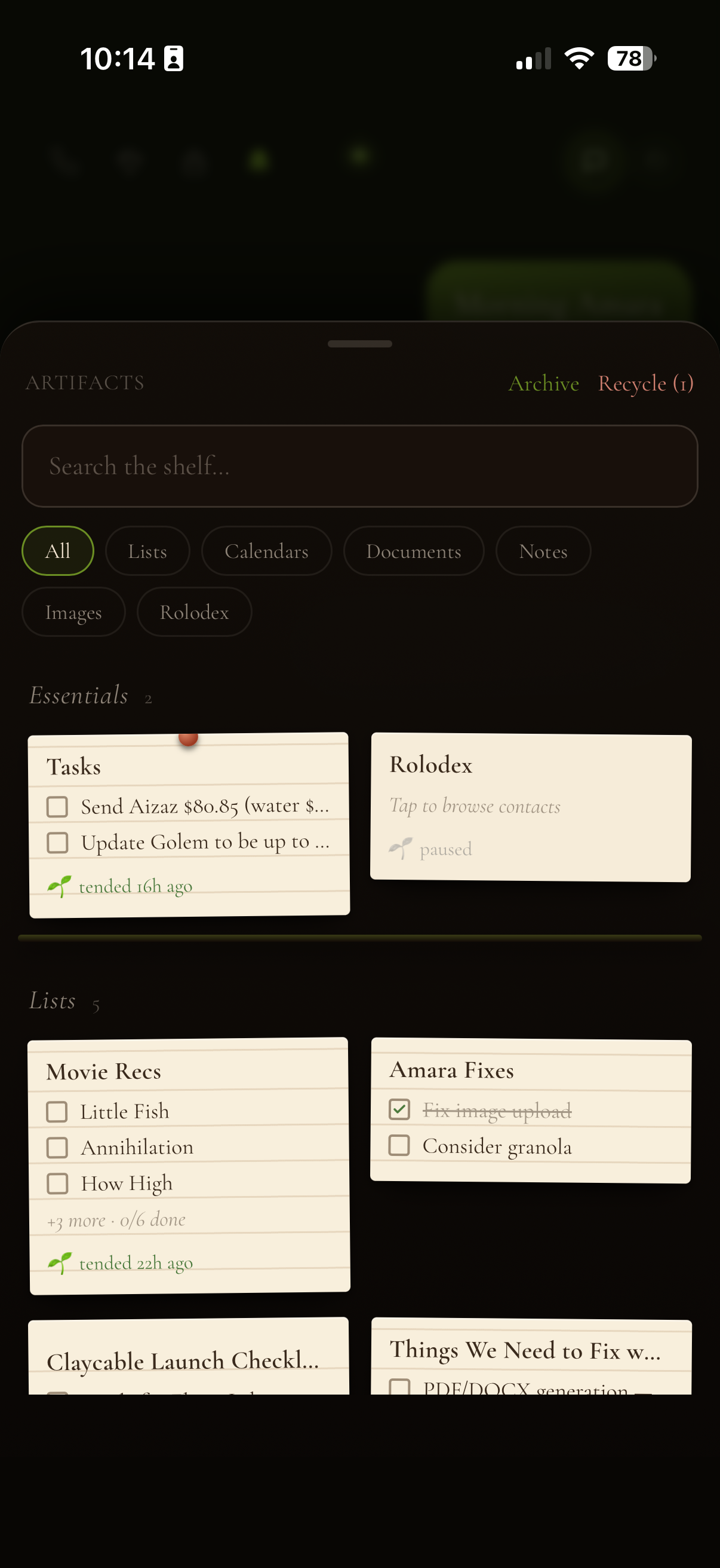 Amara's shelf of living artifacts — tasks, lists, contacts and notes