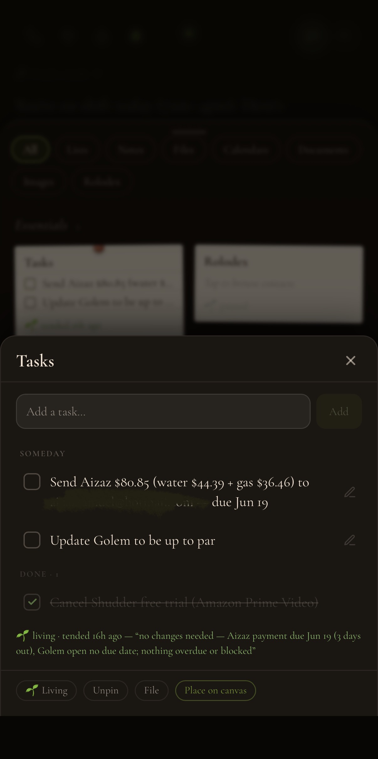 Living tasks that Amara checks in on and flags when due
