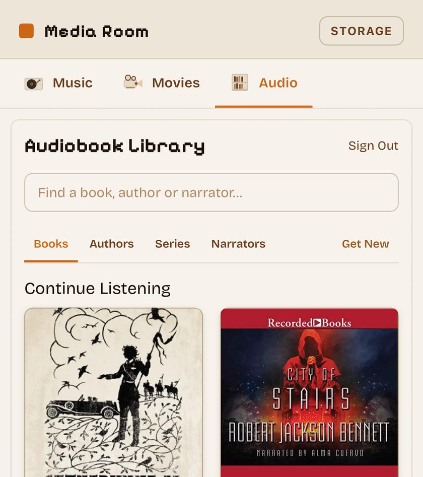 The Media Room audiobook library with a Continue Listening shelf